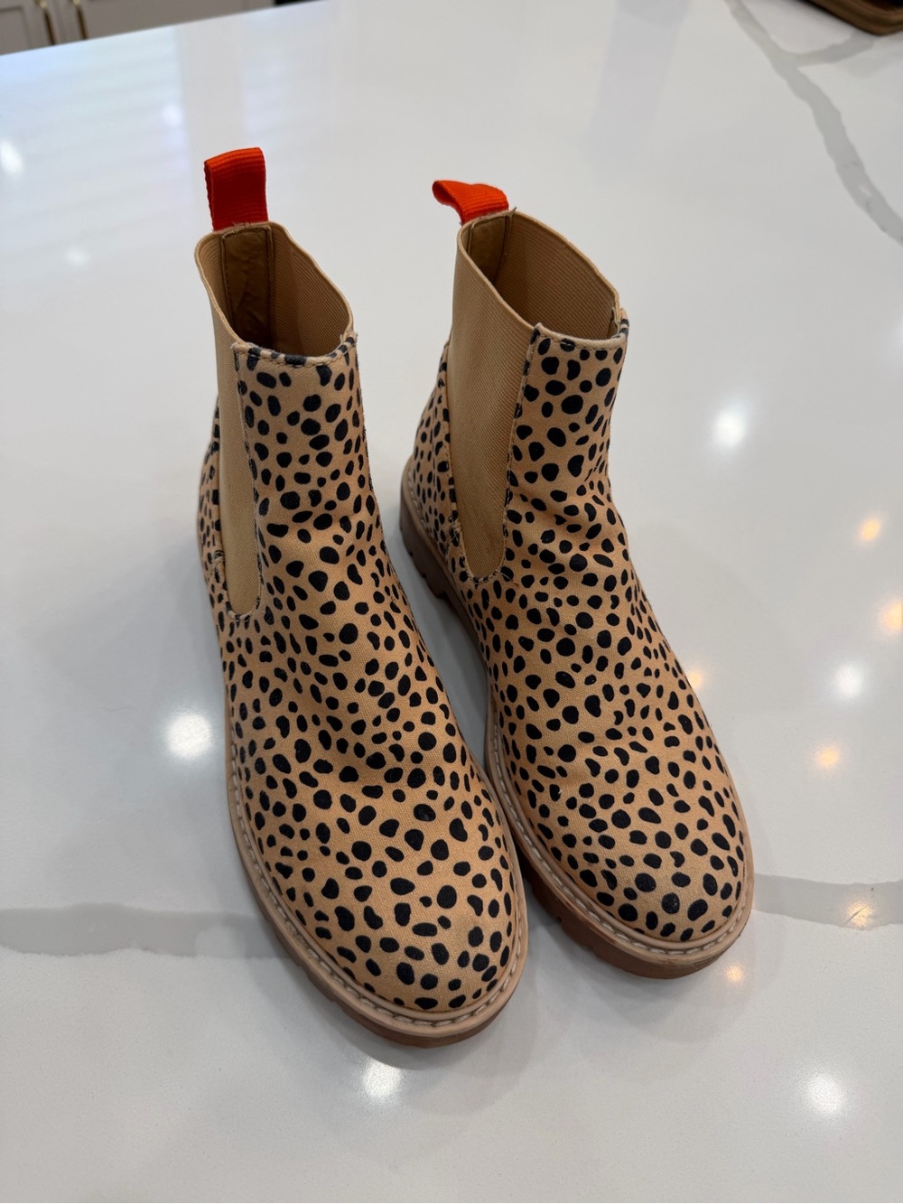 Dolce Vita Tan and Black Leopard Chelsea Booties with Orange Pull Tab